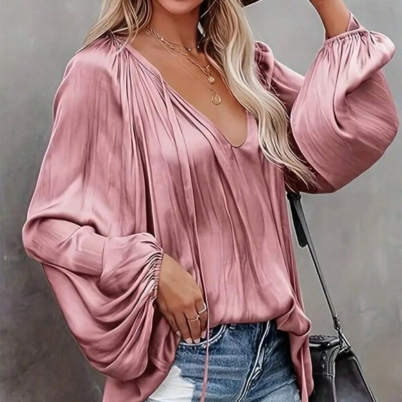 Dusty Pink Casual Women's Elegant Tie Collar Lantern Sleeve Ruched Blouse - Picture 4 of 5